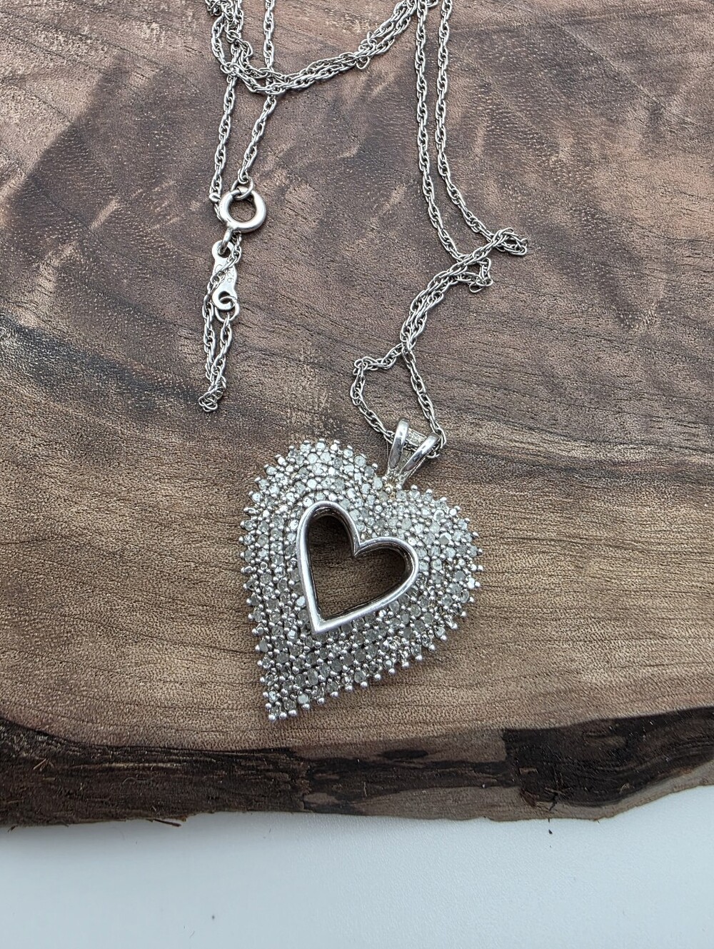 Vintage 90s y2k Sterling Silver Large Open Heart Diamond Pendant Necklace Zales
